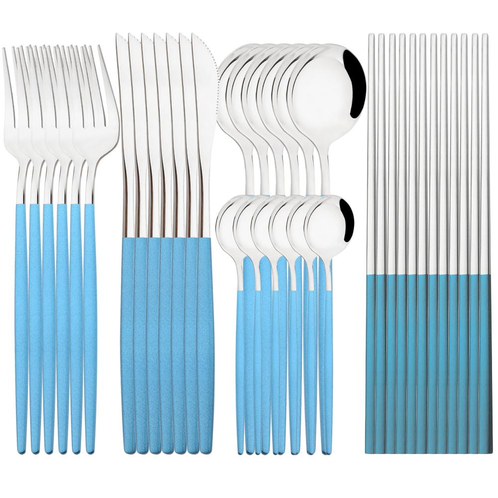 Jankng Western 30Pcs Dinnerware Knife Fork Spoons Chopsticks Cutlery Set High Quality Stainless Steel Set Kitchen Tableware Set