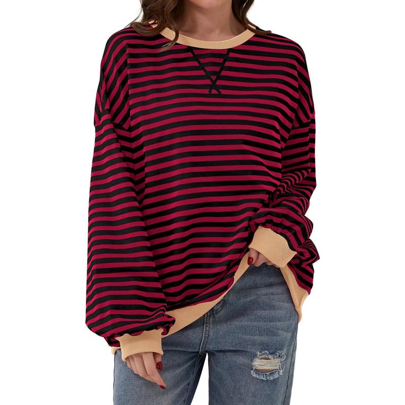 Autumn Winter Casual Loose Women's Cotton Sweatshirts Striped Pattern Crew Neck Full Sleeve Sports Hoodie