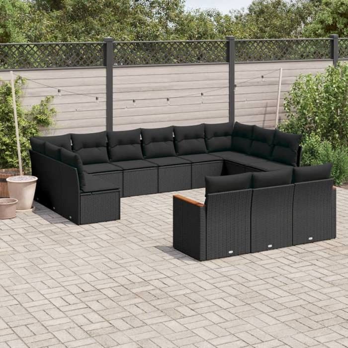 VidaXL Salon de Jardin avec Coussins 13 pcs, Canapés de Terrasse, Ensemble de Meubles de Patio, Mobilier d'Extérieur, Noir 3258856