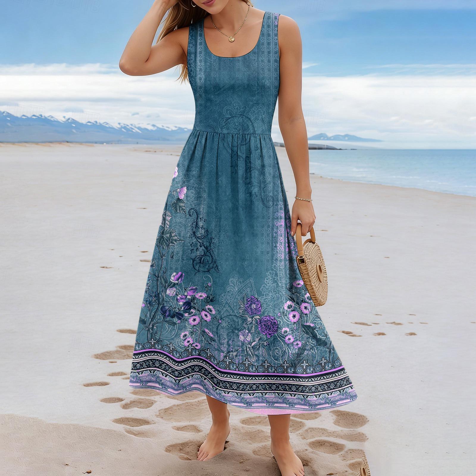 

Sleeveless Floral Print Maxi Dress with Scoop Neck and A Line for Women Summer Casual Beachwear XXL синий