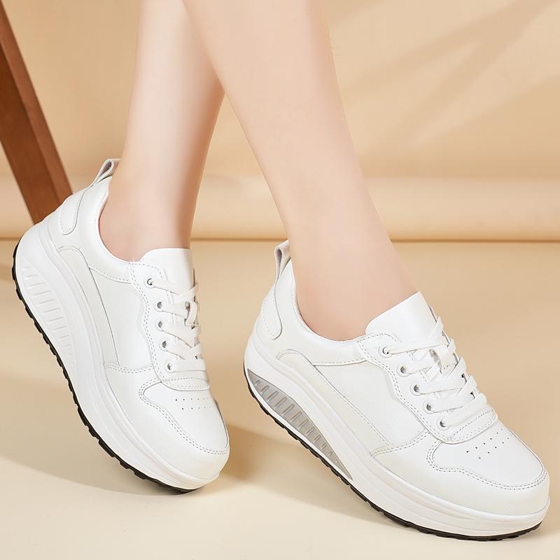 Women's Sneakers Height Increase White Leather Platform Casual Simple Thick Sole Elevator Shake Shoes