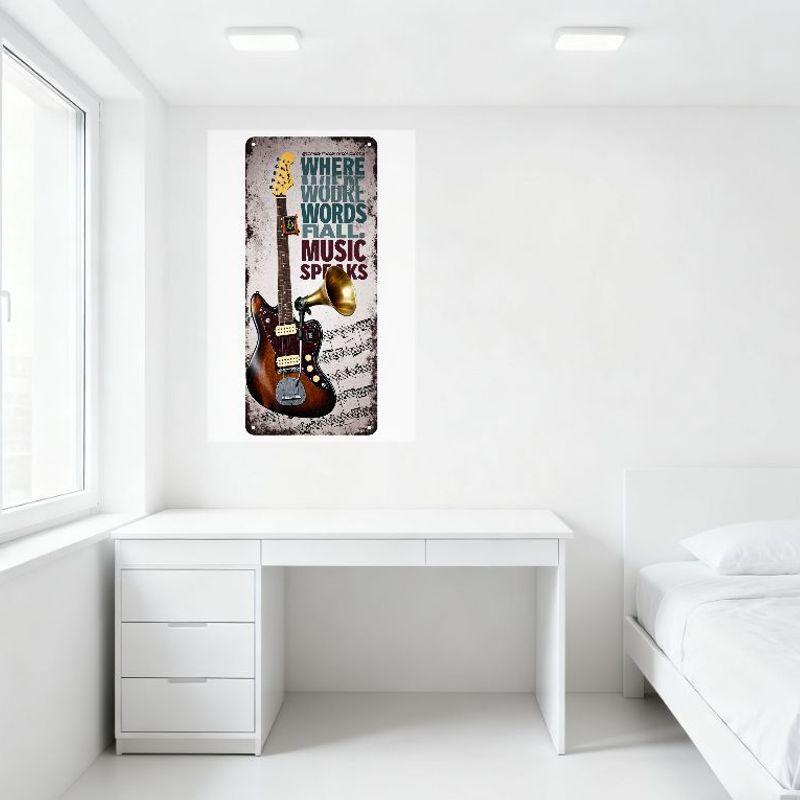 Vintage Electric Guitar & Mic Metal Tin Sign - WHERE WORDS FALL MUSIC SPEAKS Retro Musical Notes Wall Plaque for Man Cave Bar Ca