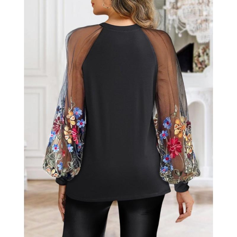 YYFS Women's Fashion Casual Spring Fall Flower Pattern Print Long Sleeve O-Neck Blouses & Shirts