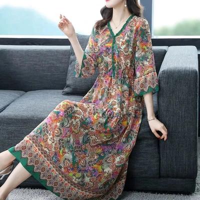 Jurk voor Vrouw Katoen Oversized Lange Mouw Vintage V-hals Casual Geprint Lang Los Kant Jurken