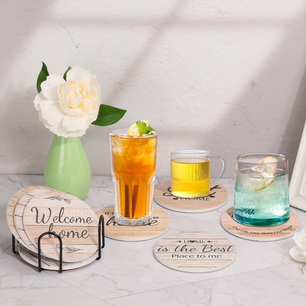 Billbotk Farmhouse Coasters Set of 8, Ceramic Drink Coaster for Coffee Table Decor, Funny House Warming Gifts for New Home, 4 Inches