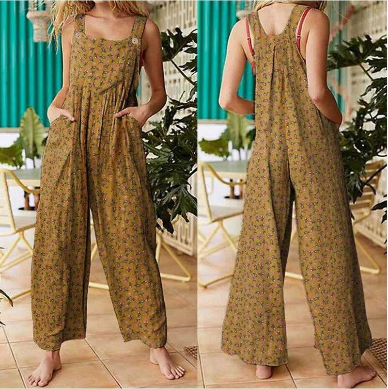 Summer Women Casual Loose Flower Print Jumpsuits Women's Overalls Boho Sleeveless Square Collar Jumpsuits