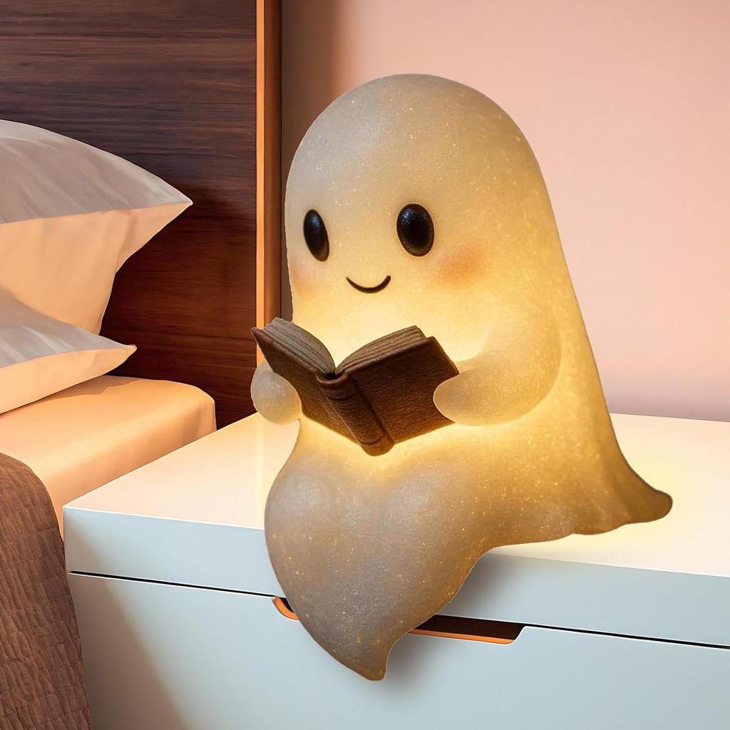 Ghost Reading Book Lamp, Halloween Light Up Ghost Statue Night Light House Mantel Decor for Home, Light Up Halloween Decor, for Bedroom Study Room
