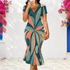Women Plus Size V Neck Short Sleeve Fitted Abstract Leaf Printed Fishtail Dress