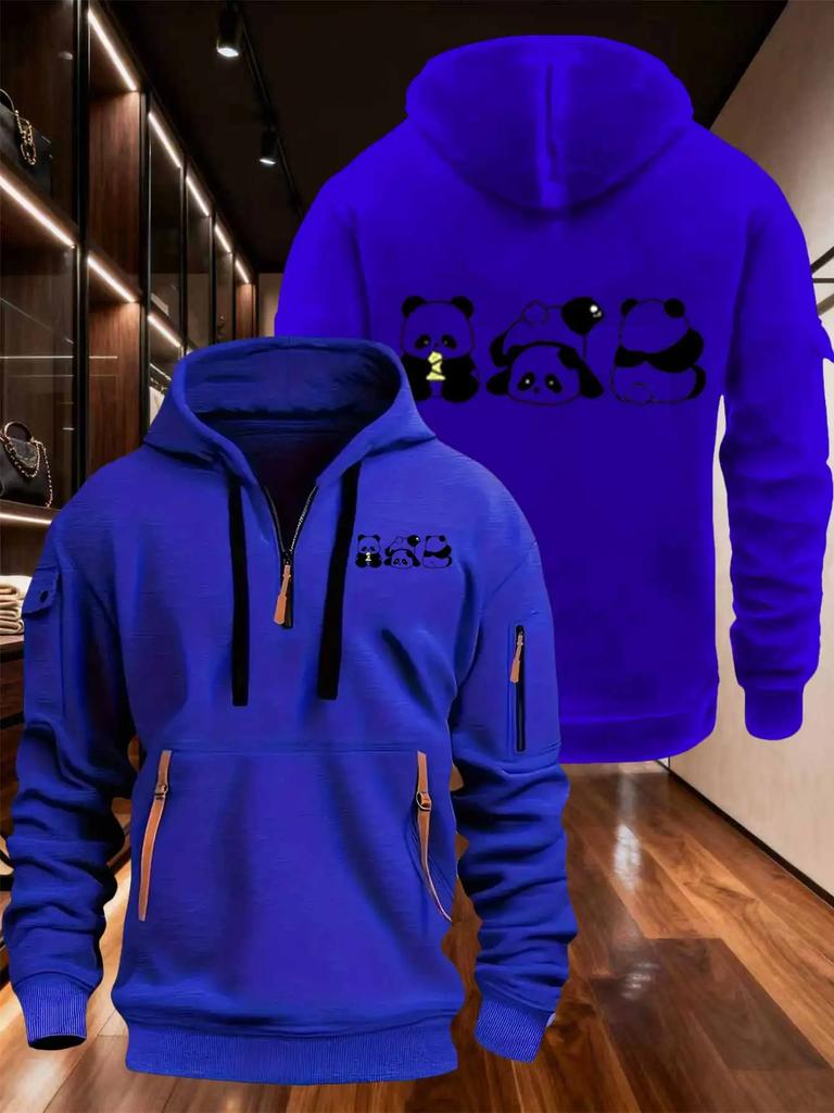 Autumn and winter men's and women's exquisite multi pocket zipper hooded sweatshirt, cute panda pattern, casual and comfortable