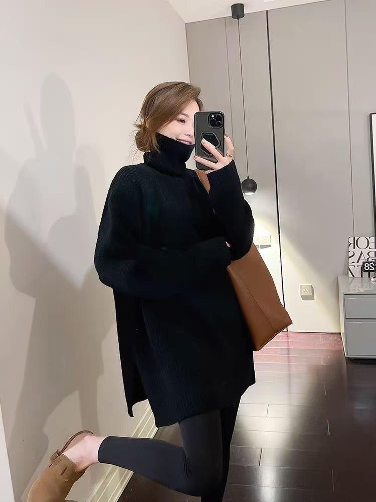 New solid color simple turtleneck hem slit thick pullover sweater for women, warm layered knit sweater