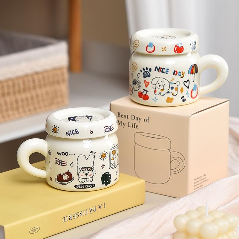 Puppy Bear Ceramic Water Cup with Lid Mug Creative Cute Cartoon Couple Home Girl High Value Cup
