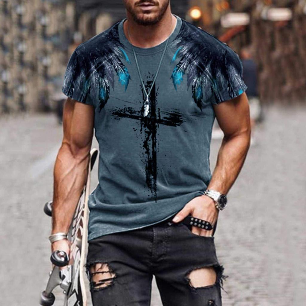 Men's Street Fashion Cross Belief Printed Round Collar Short Sleeve T Sleeve