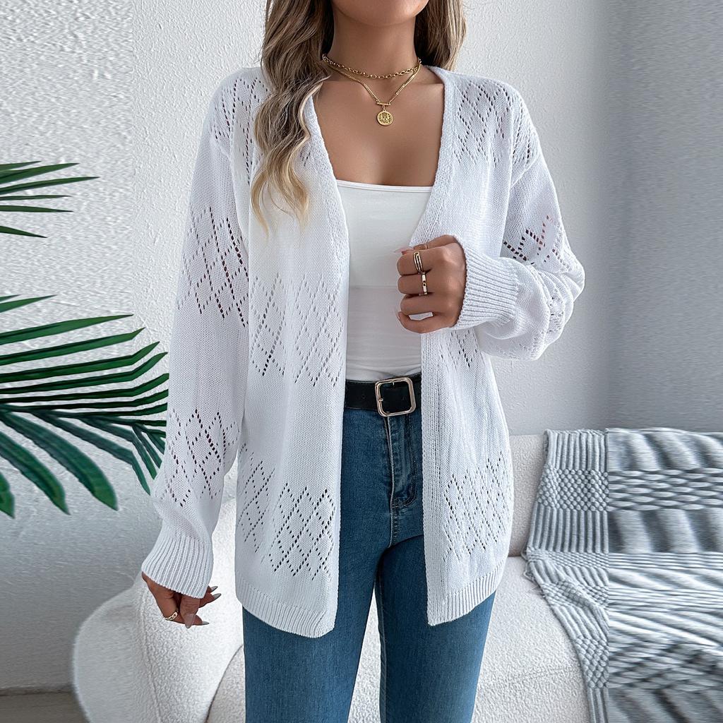 Women's Casual Solid Color Hollow  Long Sleeve Cardigan Mid-Length Sweater Jacket