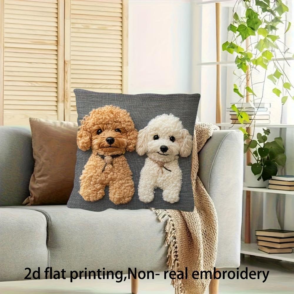 Cute Poodle Dog Pillow Cover Faux Embroidery 2D Print Soft Cozy For Sofa Bed Living Room Puppy Lover Gifts
