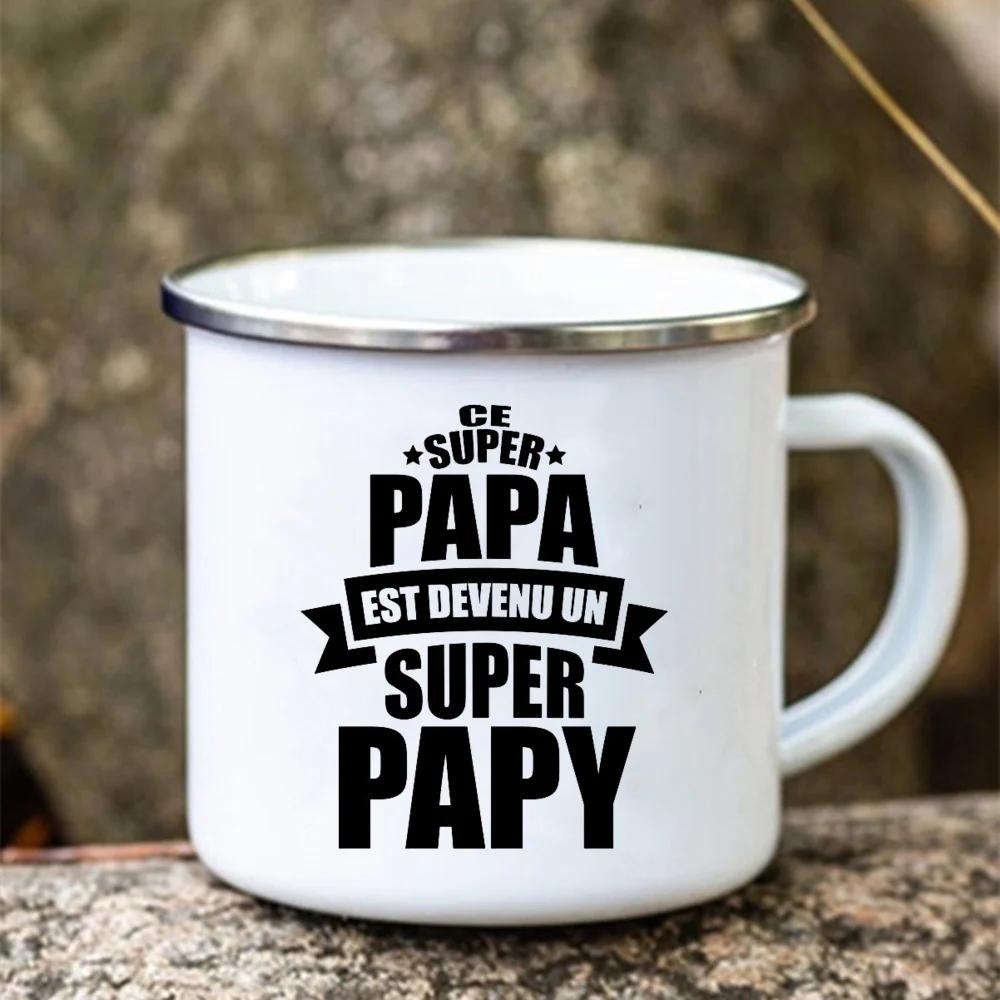 Super Papy Print Mugs Creative Coffee Cups Drink Water Tea Camping Cup Enamel Mug Outdoor Home Handle Drinkware Gift for Grandpa
