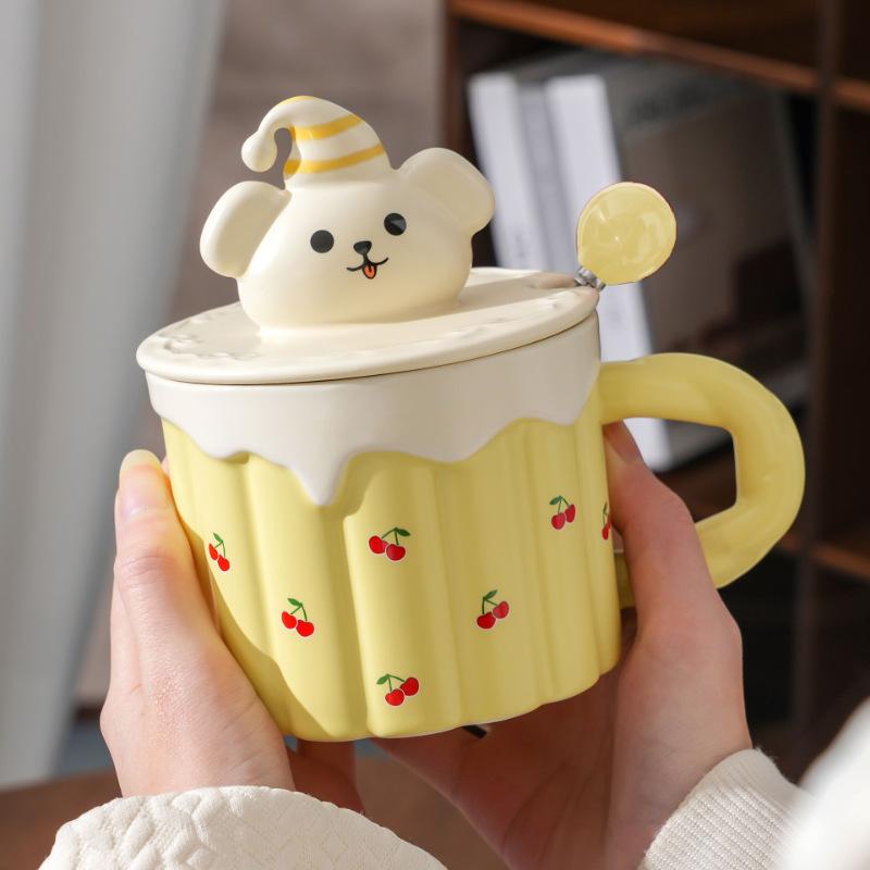 Söt Björn med Lock Sked Tecknad Kopp Gräddtårta Mugg Mjölk Frukost Kontor Kaffekopp Souvenir