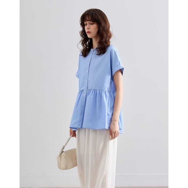 Demana Women's Striped Stand Collar Short Sleeve Commuter Shirt