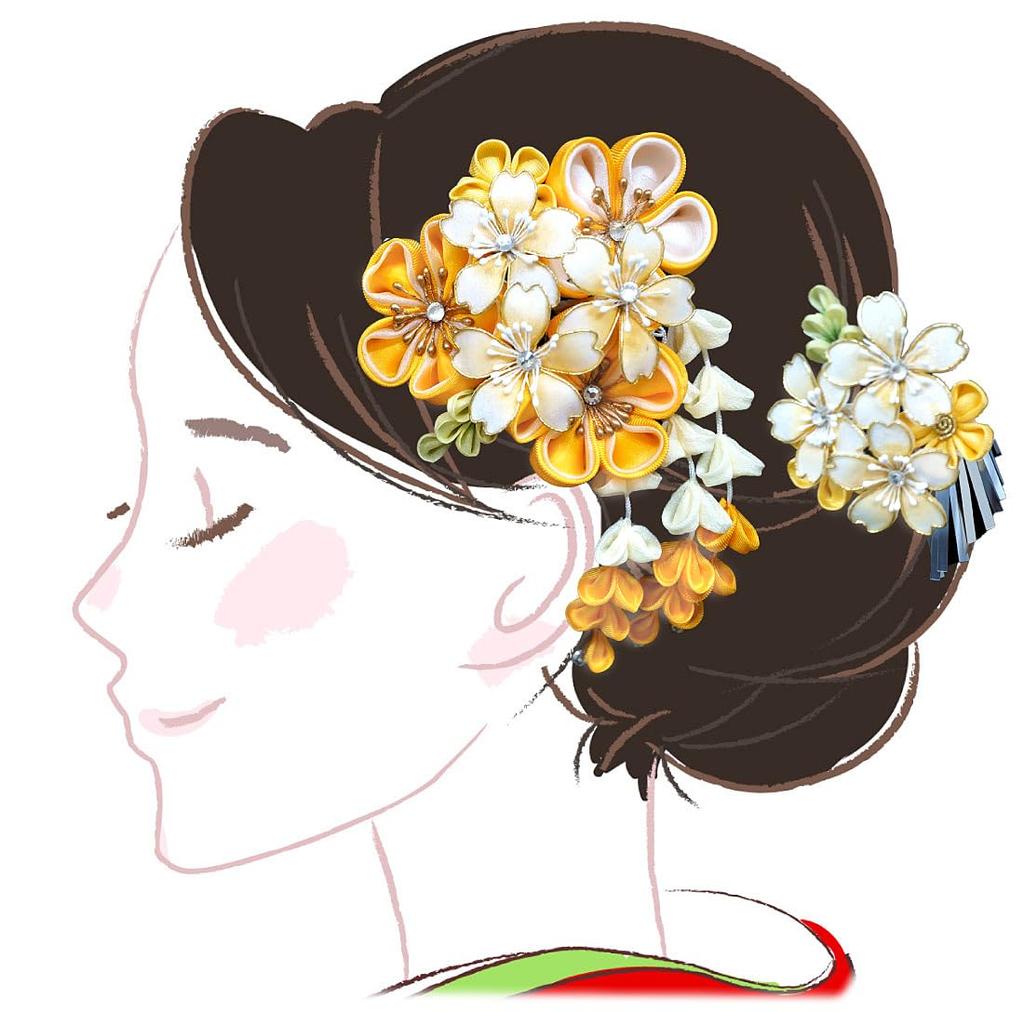 Plaukų papuošalų rinkinys Furisode ceremonija Geltona Sakura Sidabrinis beržas 2 dalių pilnametystės wk-346 Tsumami-zaiku