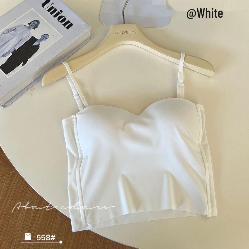 Seamless Ice Silk French Strappy Tank Top with Fixed Cup and Bandage Bustier