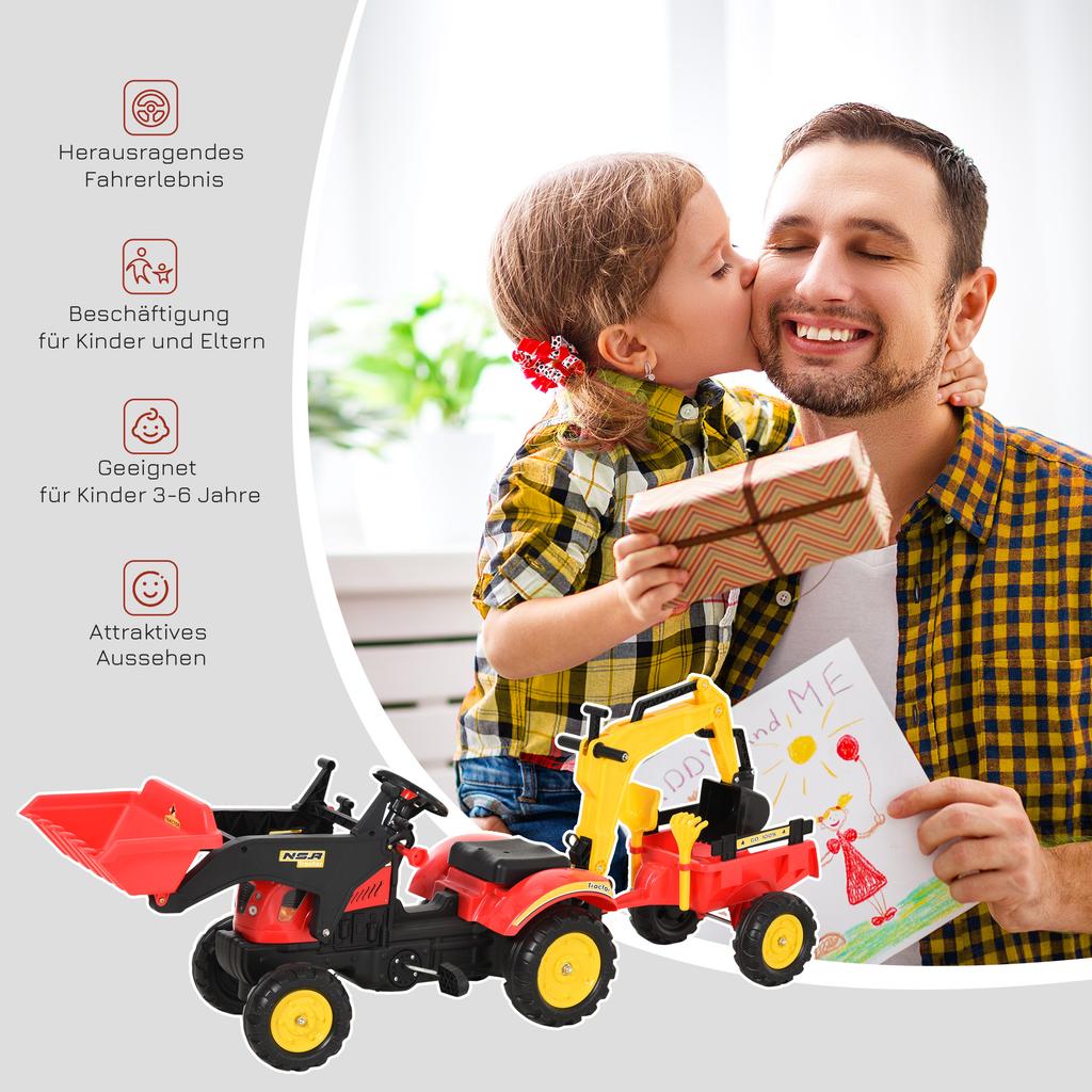 Pedal Tractor with Trailer, Front Loader, Adjustable Bucket, Tractor Pedal Vehicle for Children from 3 Years Red