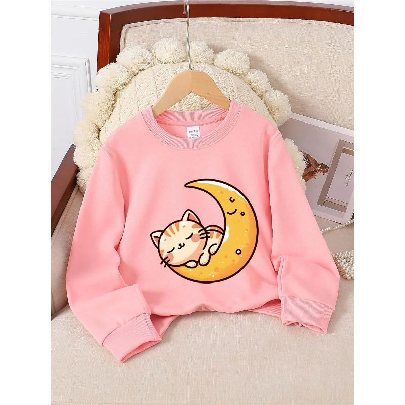 Crewneck Sweatshirt for Girls Featuring an Adorable Cat On a Moon In a Night Sky. It'S Machine Washable, Suitable for Spring And Autumn