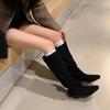 Autumn and Winter Elastic Velvet Martin Boots Solid Color Leather Square Head Versatile Comfortable Beef Tendon Soft Bottom Low Heel Large Siz