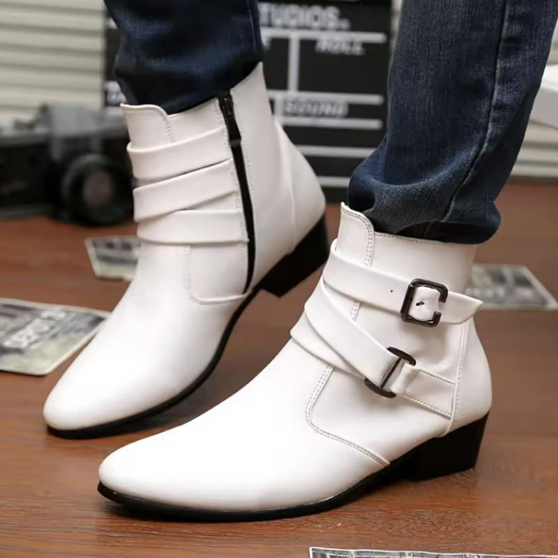 Fashion Luxury Men Boots Leather Chelsea Boots High Top Buckle Strap Formal Shoes Black British Style Ankle Boots Pointed Toe White Boot