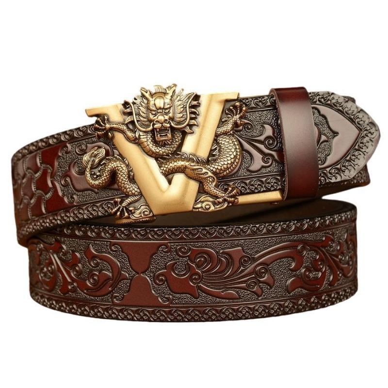 Domineering Tang grass pattern engraved men's automatic imitation copper buckle belt, personalized