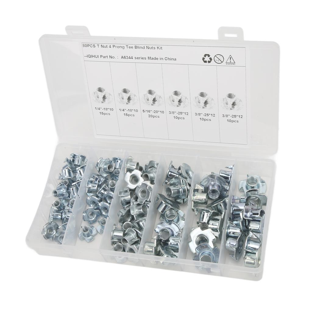 80Pcs T Nuts Carbon Steel Galvanized Layer Rust Resistant Sturdy 1 4in 5 16in 3 8in Pronged Tee Nut