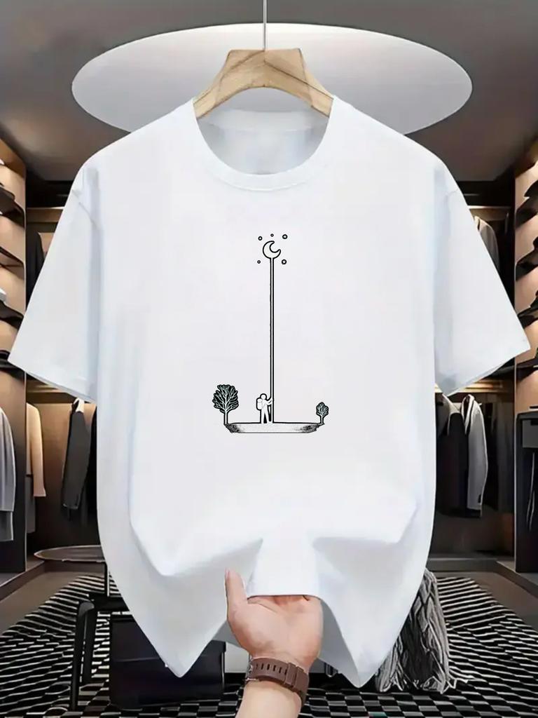 Moon Reach Minimalist Graphic Tee Men Cotton Short Sleeve Casual Summer TShirt Breathable Round Neck