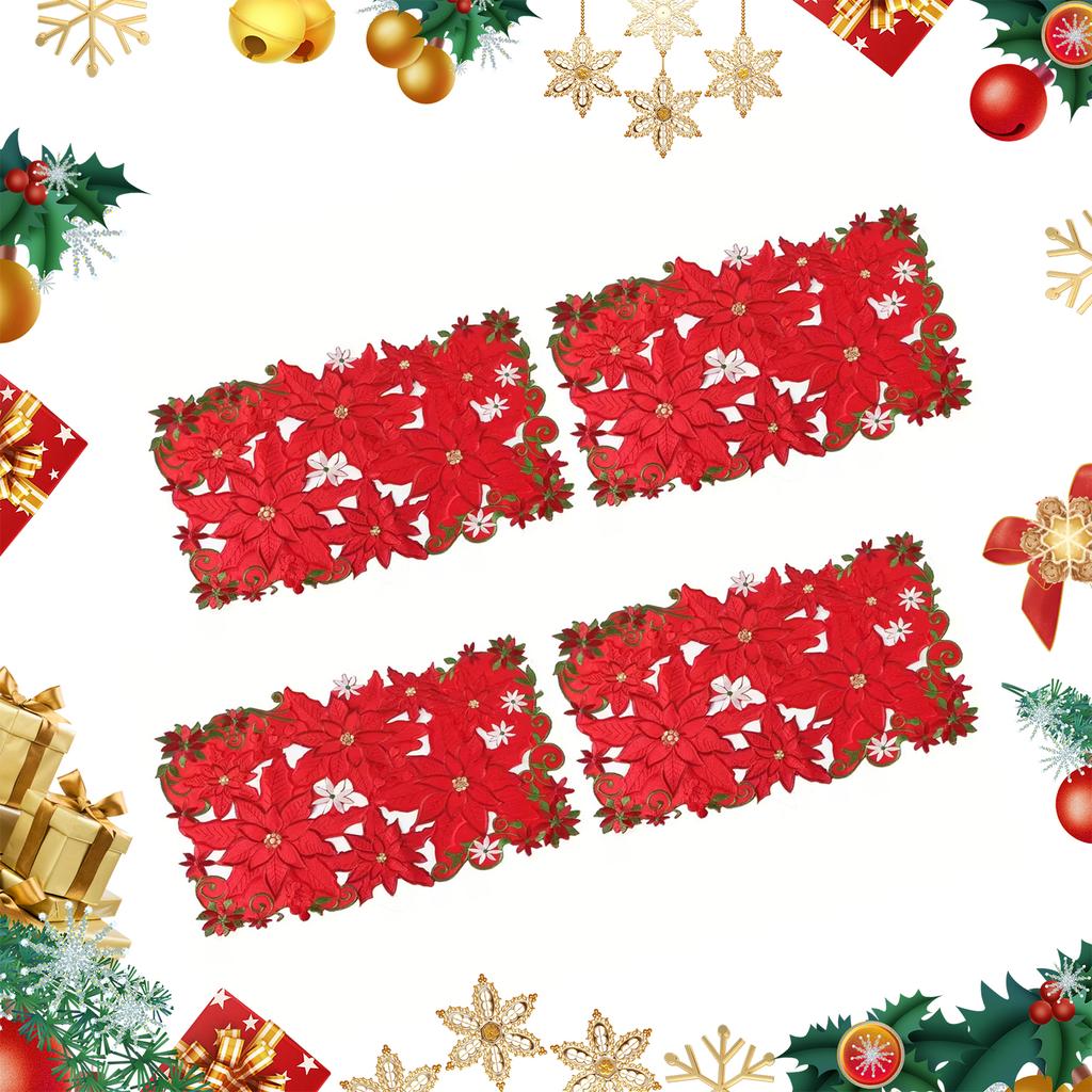 4 Pcs Christmas Embroidered Flower Rectangular Table Mats 11.02x16.93in Red and Green Placemats Table Doily for Home and Kitchen