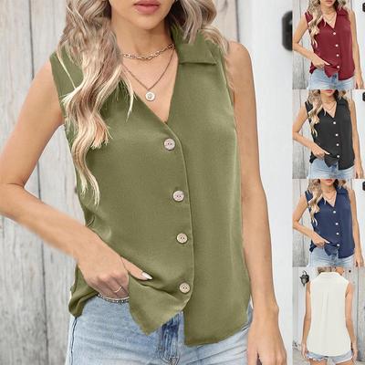 2025 Women's Solid Color Sleeveless V-Neck Chiffon Shirt with Twist Button Detail
