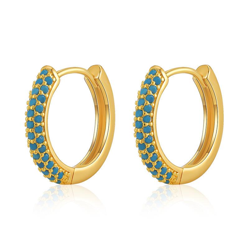 Turquoise Earrings Brass Plated 18K Real Gold Color Retention Retro Circle Metal Texture Ear Buckle Premium Sense