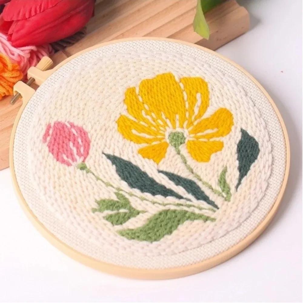 with Hoop Tulip Sunflower Punch Needle Kit Stamped Cloth Yarn Thread DIY Embroidery Kit DIY Gift Punch Needle Embroidery Kits