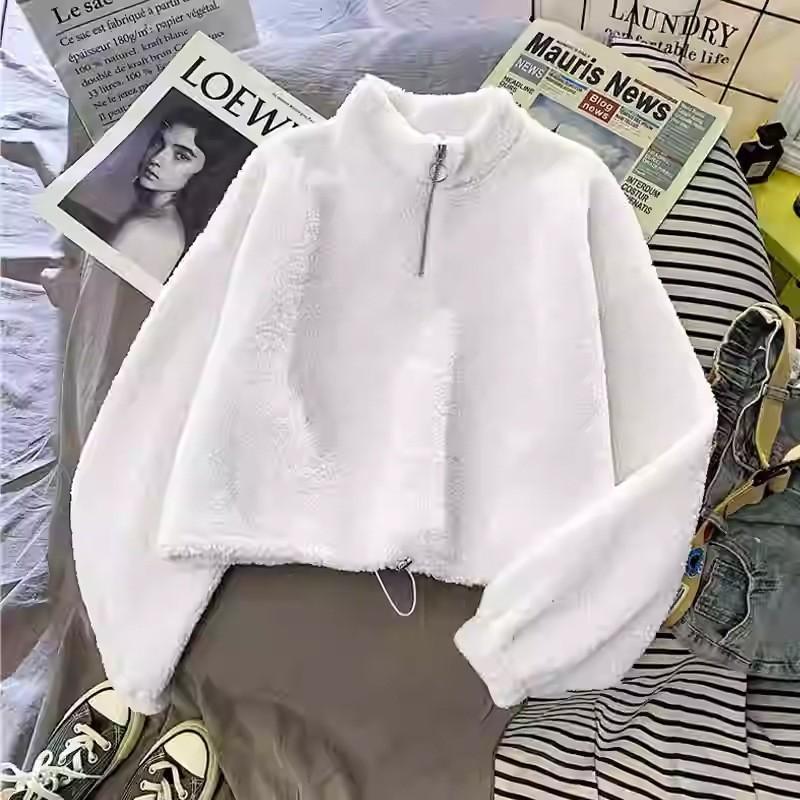 Real lamb wool short semi-turtleneck sweater women's fleece thickened loose autumn and winter zipper top jacket