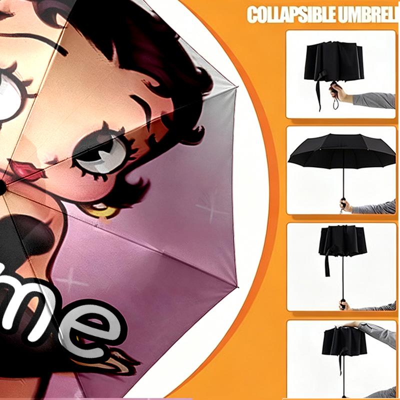 Custom Name Personalized Betty Boop Print Umbrella, Auto Open Close, 8‑Rib Sturdy Frame, Commute Camping Hiking Use, Birthday Gift