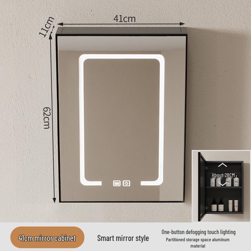 40cm x 50cm Space Aluminum Smart Mirror Cabinet with Lights & Defogging, Punch-Free Wall-Mounted for Small Bathrooms