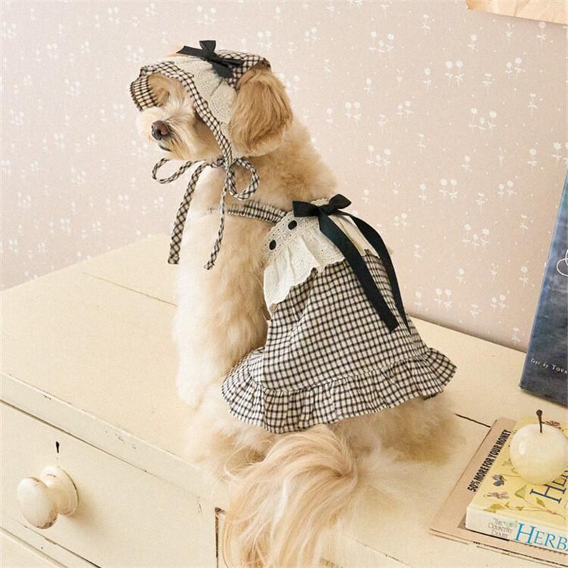 Pet Dog Cat Princess Dress With Hat Lace Bow Plaid Skirt Small Pets
