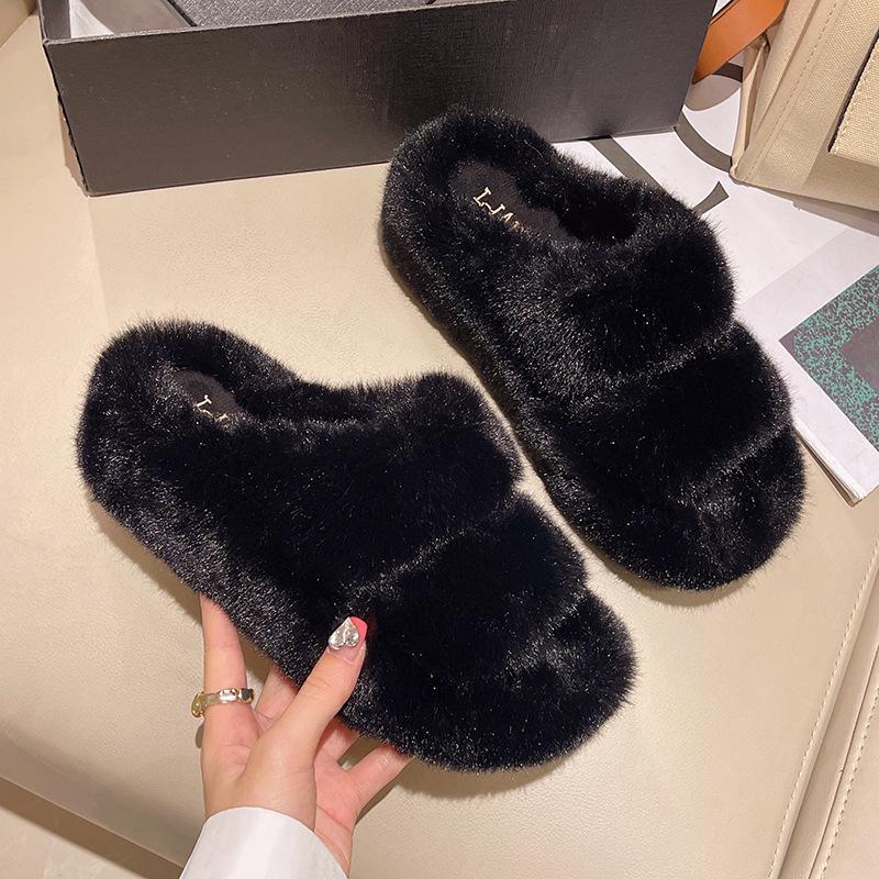 Női Vastag Talpú Szőrmés Papucs - Dupla Csíkos, Ferde Szájú, Őszi/Téli Melegség