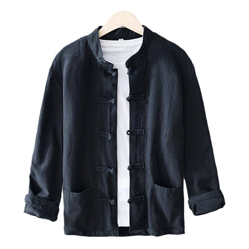 Mens Chinese Style Linen Long Sleeve Casual Shirt Outerwear