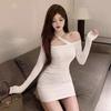 Suspender Neck One-word Shoulder Long-sleeved Dress Spring and Autumn Wear High-end Sexy Pure Desire Black Tight Hip Skirt