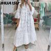 IHUASU 8 Colors S-5XL Women's Fashion Summer Spring Solid Color Print 3/4 Sleeve V-Neck Casual Dresses