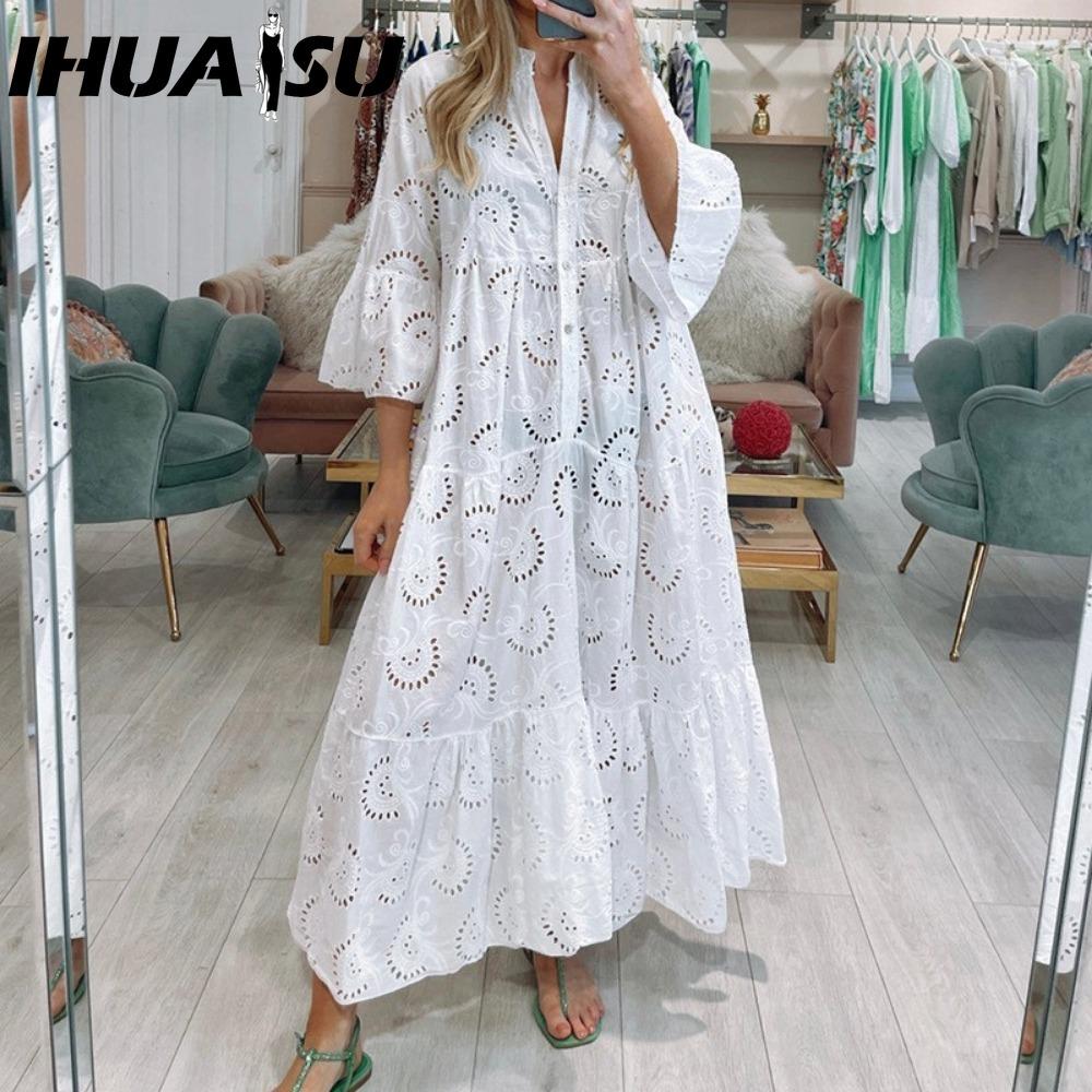 IHUASU 8 Colors S-5XL Women's Fashion Summer Spring Solid Color Print 3/4 Sleeve V-Neck Casual Dresses