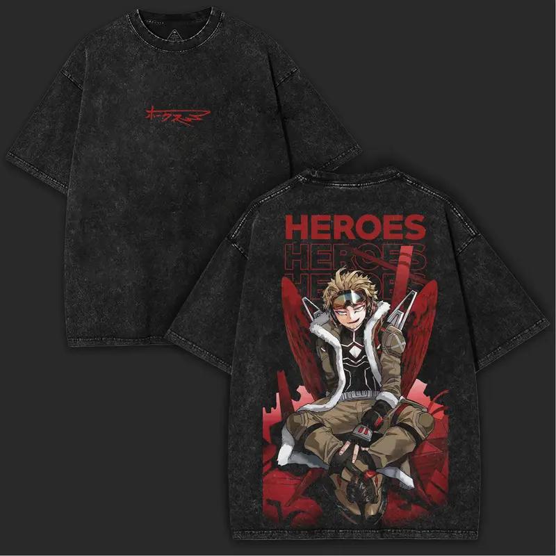 Hot Anime My Hero Academia Hawks Print T-shirt Men Women Short Sleeve Clothing Cotton Tshirt Retro Washed T Shirt Harajuku Tops