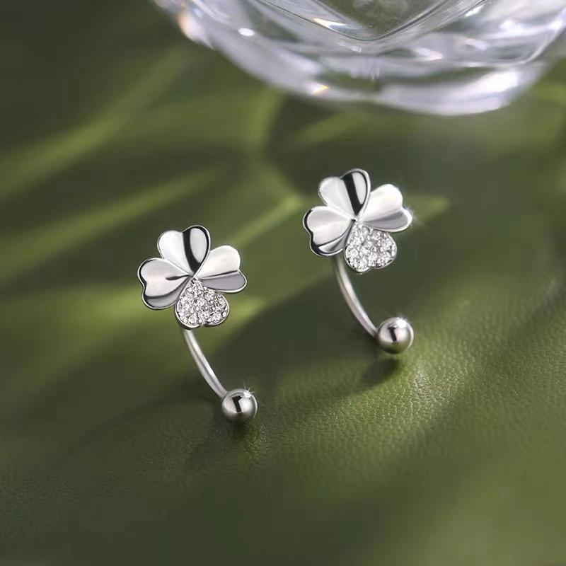 Real 925 Sterling Silver Zircon Clover Bead Screw Plant Stud Earrings For Women Classic Fine Jewelry Light Luxury Accessories