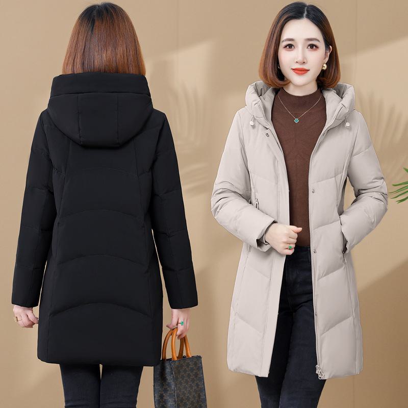 Luxurious Women's Mid-Length White Duck Down Jacket with Hood