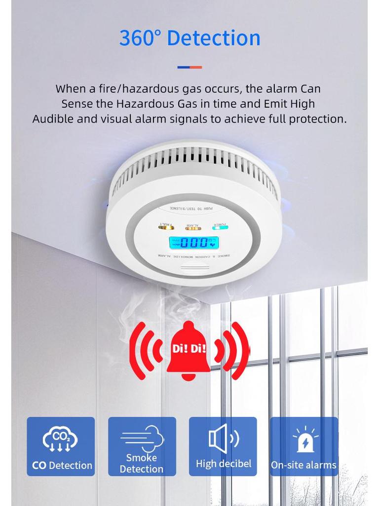 2-in-1 Smoke & Carbon Monoxide Detector with CE FCC ROHS Certification, Standalone Sound & Light Alarm