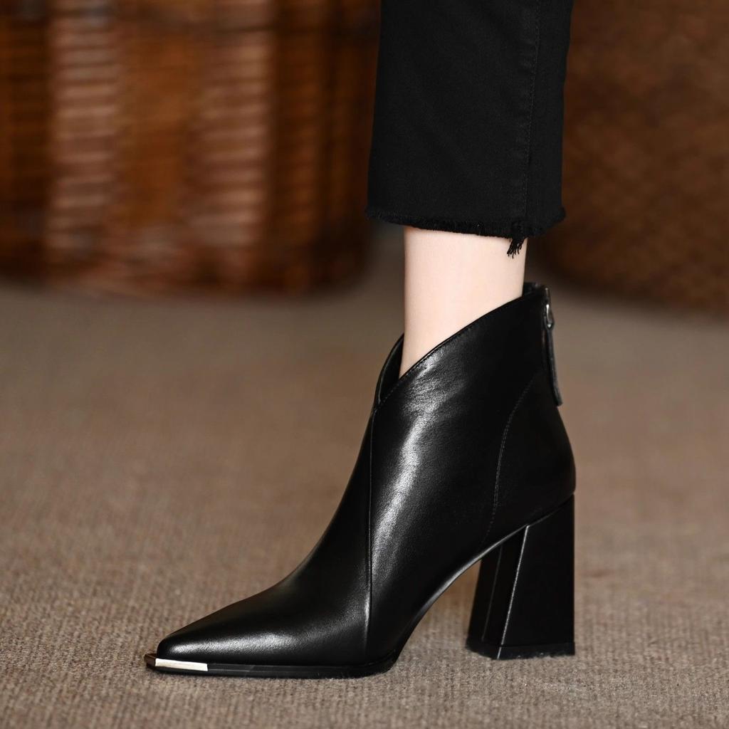 French Black High-heeled Short Boots Women's 2025 Autumn and Winter New Single Shoes Huge Comfort Thick Heel Pointed Martin Boots Thin Boots