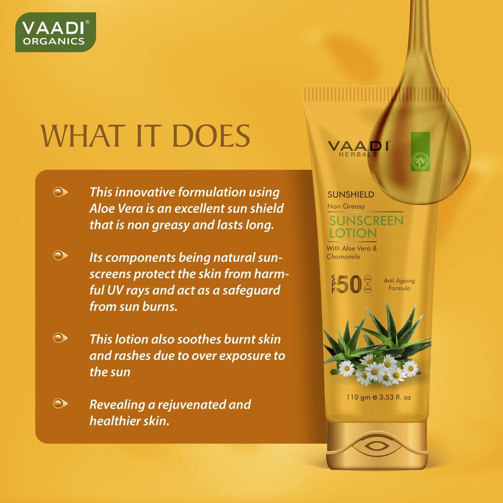Vaadi Herbals Sunscreen Lotion SPF 50 With Aloe Vera & Chamomile Lightweight Non Greasy Sun Protection Lotion For Face & Body 110 ml