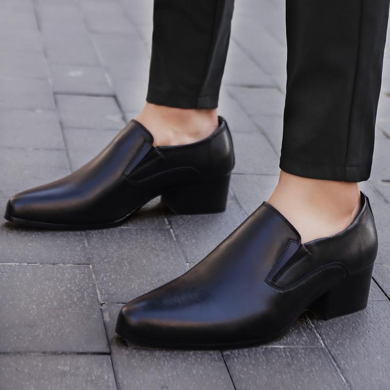 Men's High Heel Leather Shoes - 6CM and 8CM Height Options, Genuine Leather, Trendy Pointed Design